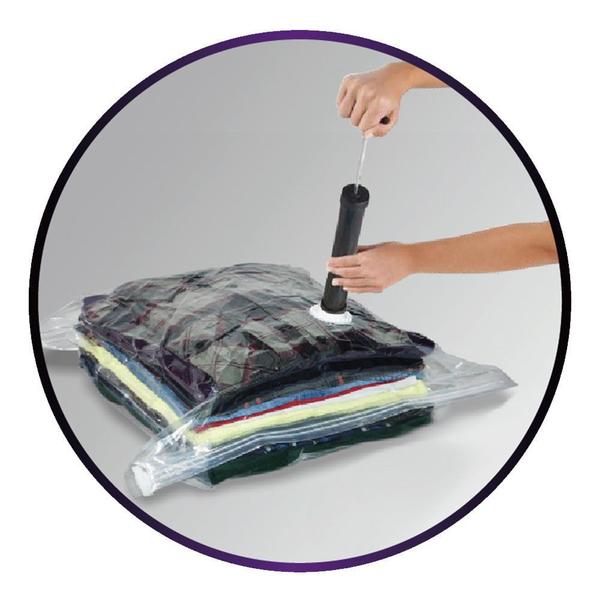 Imagem de Kit 5 Saco Organizador a Vácuo + Bomba Para Viagem Roupa Cobertor Protetor Com Zíper Clink 50x60cm