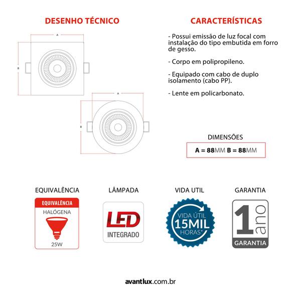 Imagem de Kit 5 Spot Led 5w Quadrado Embutir - Decoração Casa Loja Gesso Sanca - Avant