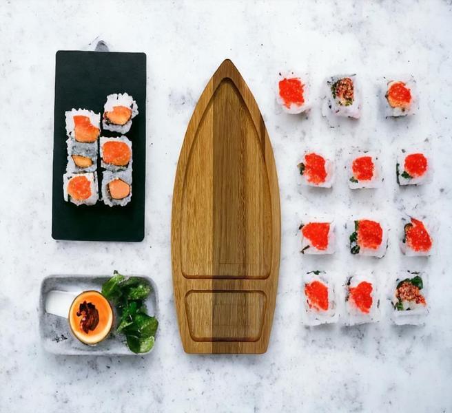 Imagem de Kit 5 Tábuas Barca Para Sushi Comida Japonesa - Madeira 40Cm