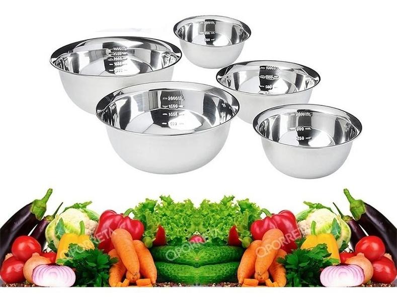 Imagem de Kit 5 Tigela Aço Inox Funda Multiuso Redonda Saladeira Confeitaria Bowl 