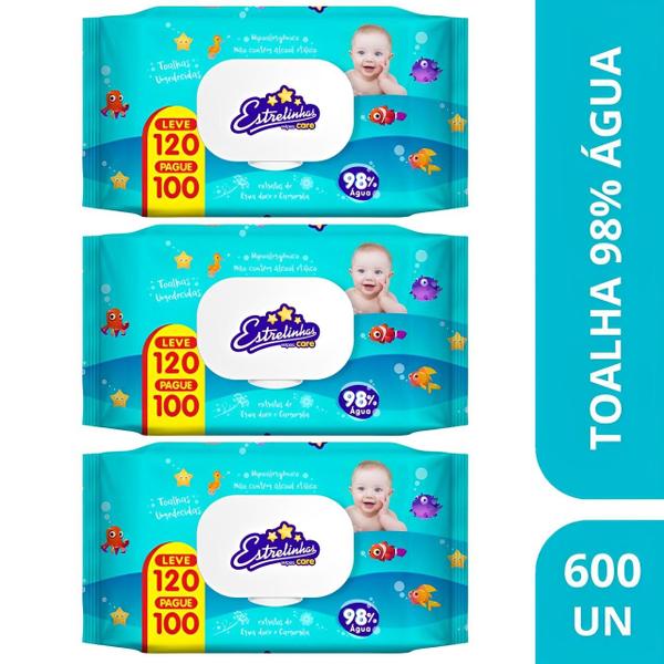 Imagem de Kit 5 Toalha Umedecida Estrelinhas Care 600 Un- Hygieline