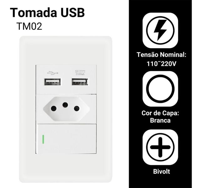 Imagem de Kit 5 Tomada Interruptor Parede 2 Usb Carregador Tm02