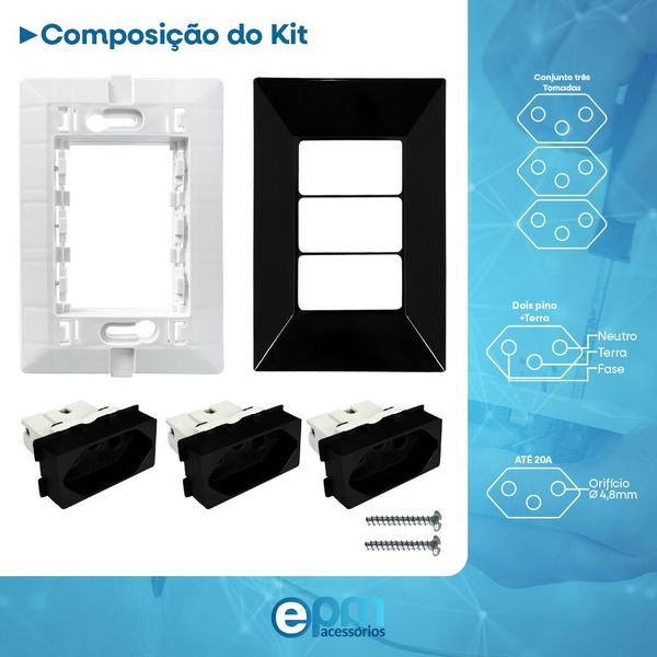 Imagem de Kit 5 Tomada Tripla 2p+t 10A Com Placa Espelho Linha Black Dubai Bivolt 127v e 250v