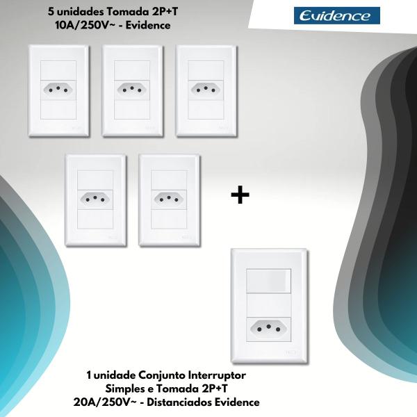 Imagem de Kit 5 Tomadas Padrão 10A + 1 Interruptor com tomada 20A - Fame