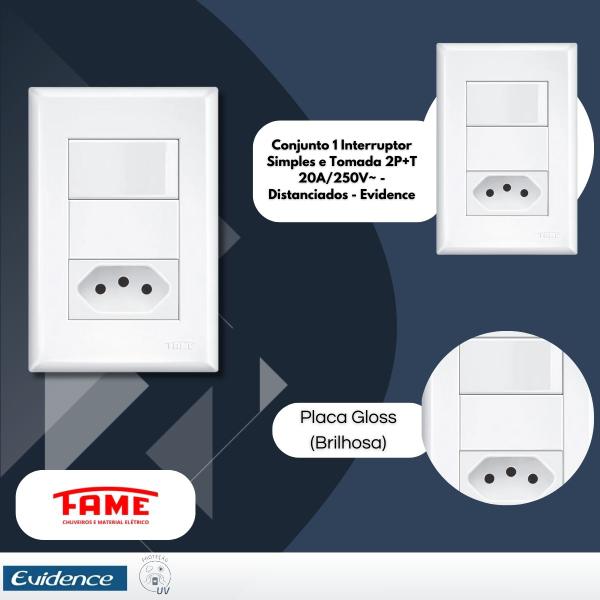 Imagem de Kit 5 Tomadas Padrão 10A + 1 Interruptor com tomada 20A - Fame