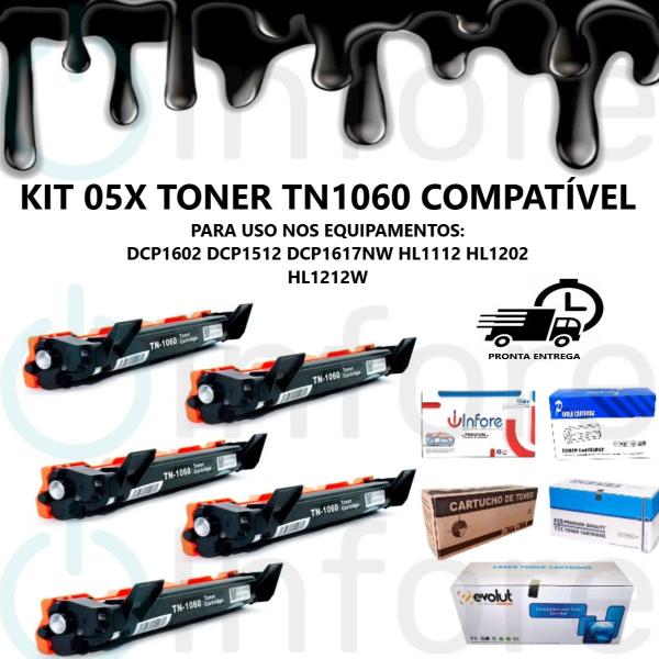 Imagem de Kit 5 Toner Compatível TN1060 Tn1060 Tn-1060 Tn1000 HL1202 1212 1512 DCP1602 DCP-1510 1617 HL-1110