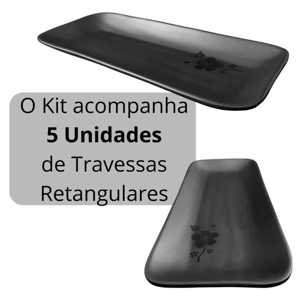 Imagem de Kit 5 Travessas 27,5 Cm Retangular Kanpai com Borda Melamina Premium Restaurante Japones  Bestfer 