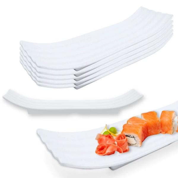 Imagem de Kit 5 Travessas 36x12cm Ondulada para Sushi e Finger Food Branca  Bestfer 