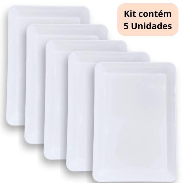 Imagem de Kit 5 Travessas 40 Cm Prato Retangular para Buffet Restaurante Cozinha Melamina Premium Profissional Branca  Bestfer 