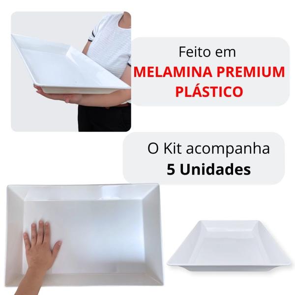 Imagem de Kit 5 Travessas de 49 Cm Retangulares Funda para Buffet Restaurante Profissional Melamina Premium Branca  Bestfer 