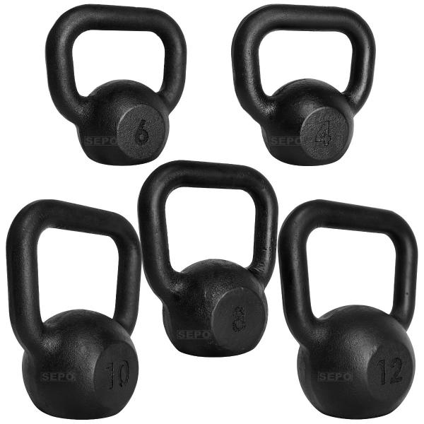 Imagem de Kit 5 Unidades de Kettlebells de Ferro Pintado Preto 4Kg 6Kg 8Kg 10Kg e 12Kg