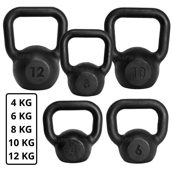 Imagem de Kit 5 Unidades de Kettlebells de Ferro Pintado Preto 4Kg 6Kg 8Kg 10Kg e 12Kg