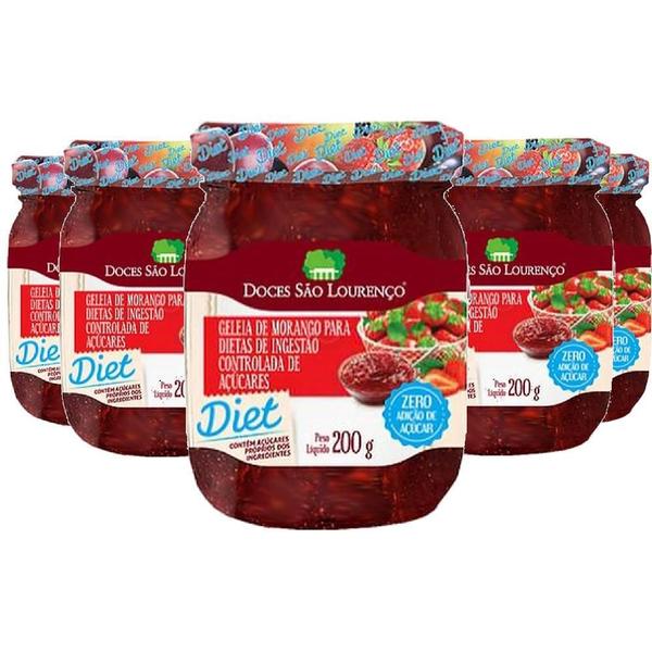 Kit 5 Unidades Geleia Diet Morango São Lourenço 200G Imagem de Kit 5 Unidades Geleia Diet Morango São Lourenço 200G