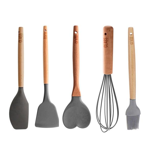 Imagem de Kit 5 Utensílios Confeitar Espátula Batedor Bambu Silicone