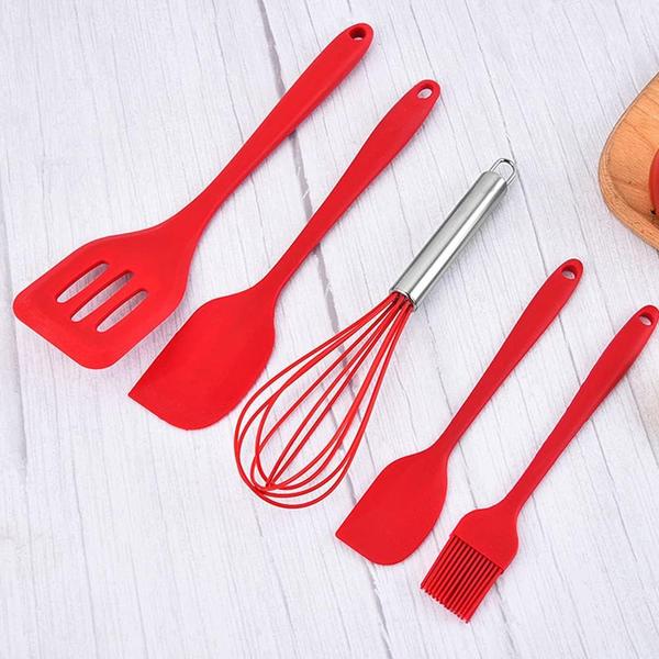 Imagem de Kit 5 Utensílios de Cozinha Silicone Batedor Inox Espátula Pincel Multiuso 035