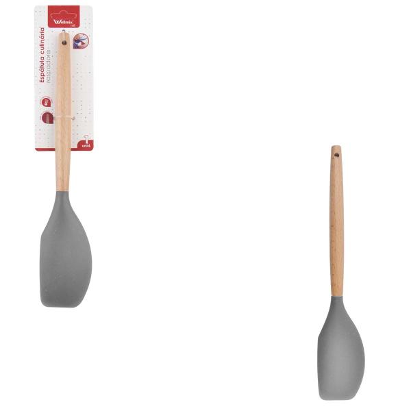 Imagem de Kit 5 Utensílios De Silicone Cabo Madeira Colher Raspador Concha Espátula Massas WK