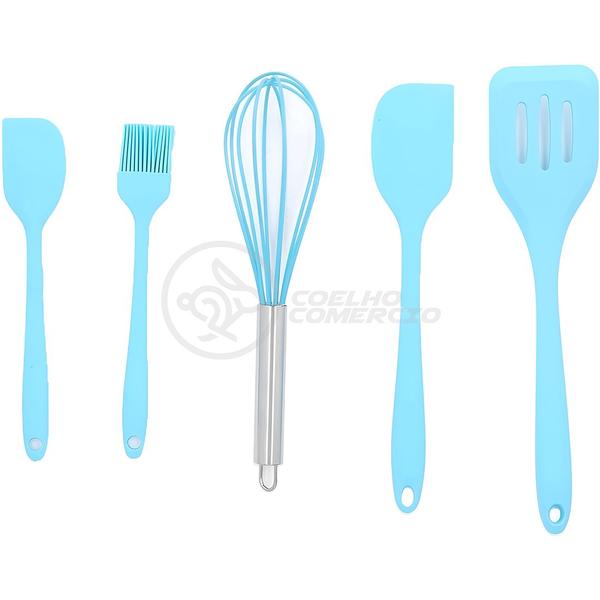 Imagem de Kit 5 Utensílios de Silicone para Cozinha Conjunto Resistente a Altas Temperaturas (Azul)