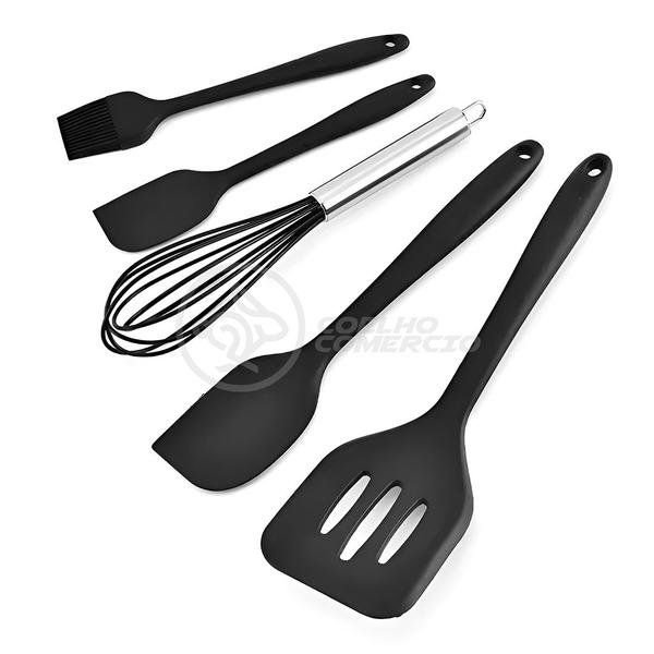 Imagem de Kit 5 Utensílios de Silicone para Cozinha Conjunto Resistente a Altas Temperaturas (Preto)