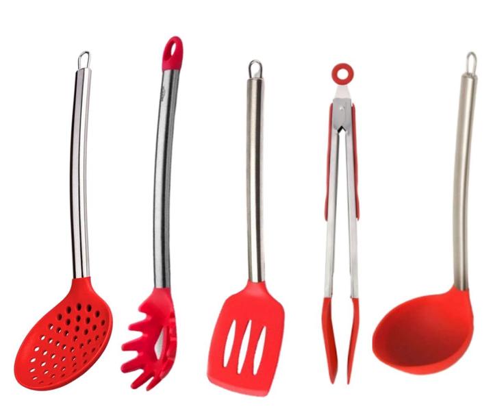 Imagem de Kit  5 utensílios de silicone vermelho cabo inox