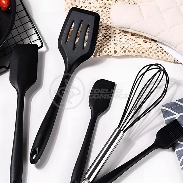 Imagem de Kit 5 Utensílios Jogo de Cozinha de Silicone com Espatulas Pincel e Batedor Manual - Preto