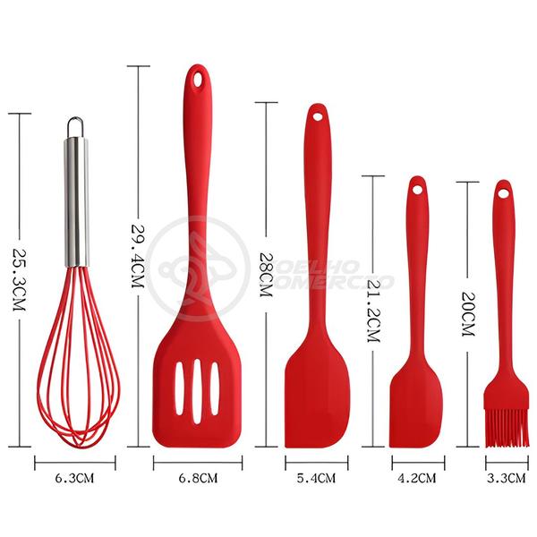 Imagem de Kit 5 Utensílios Jogo de Cozinha de Silicone com Espatulas Pincel e Batedor Manual - Vermelho