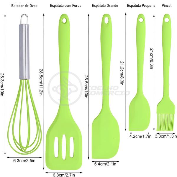 Imagem de Kit 5 Utensílios Jogo de Cozinha Peças de Silicone Espátulas Batedor Manual e Pincel - Verde