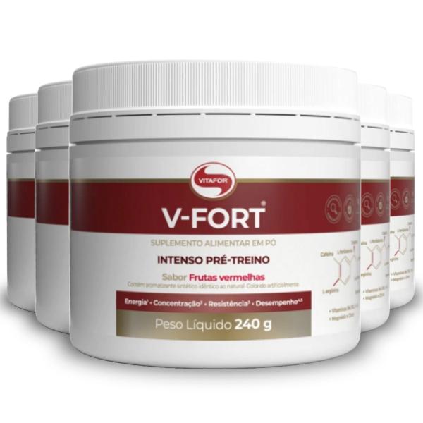Kit 5 V-Fort - Intenso Pré treino Vitafor 240g Frutas Vermelhas Imagem de Kit 5 V-Fort - Intenso Pré treino Vitafor 240g Frutas Vermelhas