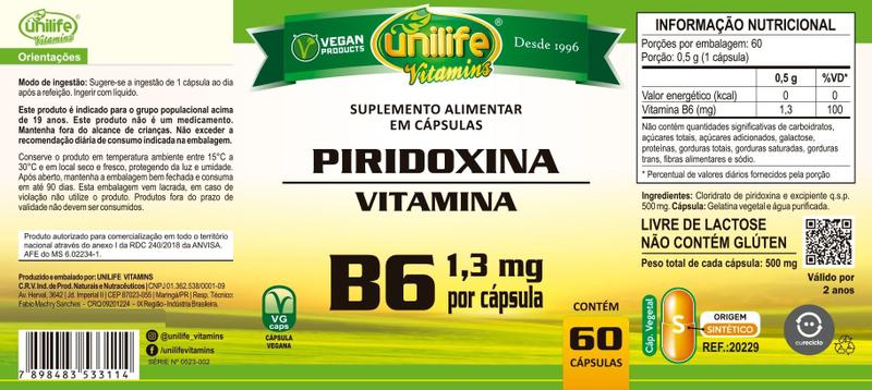 Imagem de KIT 5 VITAMINA B6 PIRIDOXINA - 60 Cápsulas 500mg UNILIFE