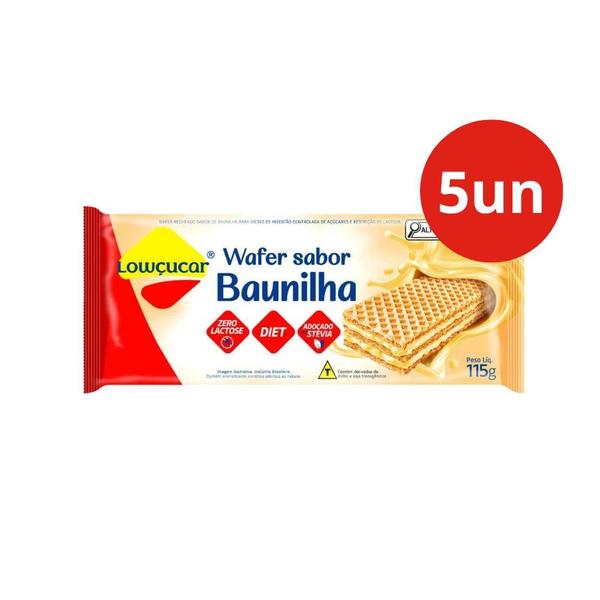 Kit 5 wafer lowcucar zero acucares sabor baunilha 115g - Lowçucar Imagem de Kit 5 wafer lowcucar zero acucares sabor baunilha 115g