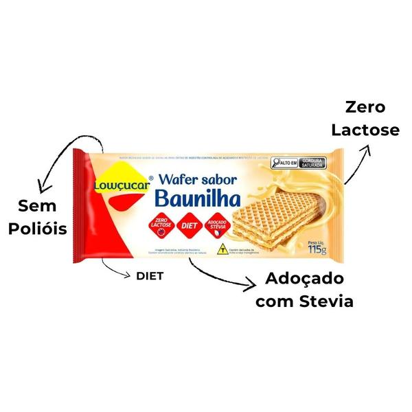 Kit 5 wafer lowcucar zero acucares sabor baunilha 115g - Lowçucar Imagem de Kit 5 wafer lowcucar zero acucares sabor baunilha 115g