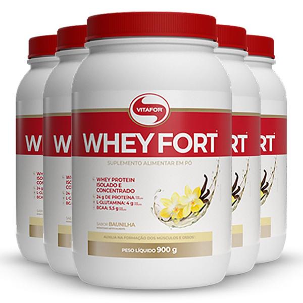 Imagem de Kit 5 Whey Fort 3W Vitafor 900g Baunilha