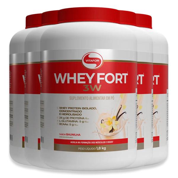 Kit 5 Whey Fort 3W Vitafor Baunilha 1800g Imagem de Kit 5 Whey Fort 3W Vitafor Baunilha 1800g