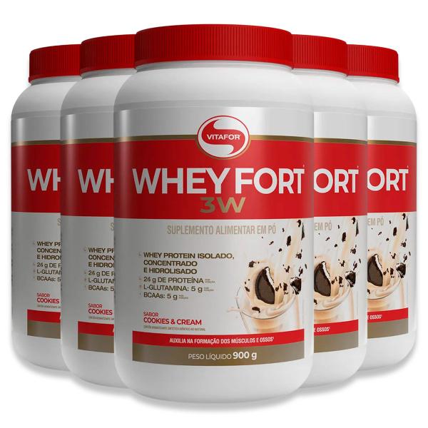 Imagem de Kit 5 Whey Fort 3W Vitafor Cookies & Cream 900g