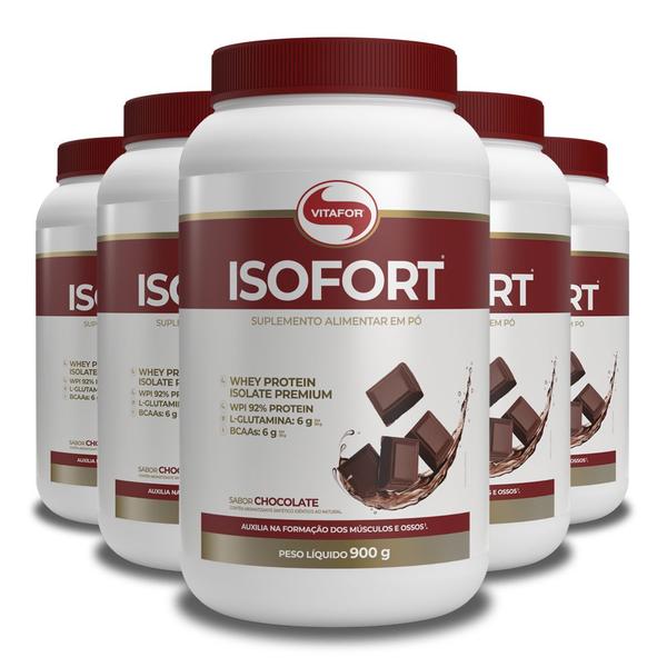Kit 5 Whey Protein Isofort Vitafor 900g Chocolate Imagem de Kit 5 Whey Protein Isofort Vitafor 900g Chocolate