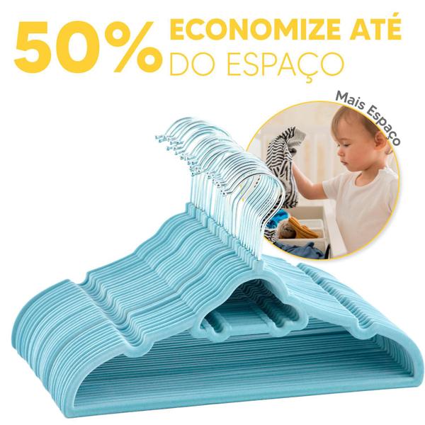 Imagem de Kit 50 Cabides Veludo Roupa Infantil Slim Antiderrapante 