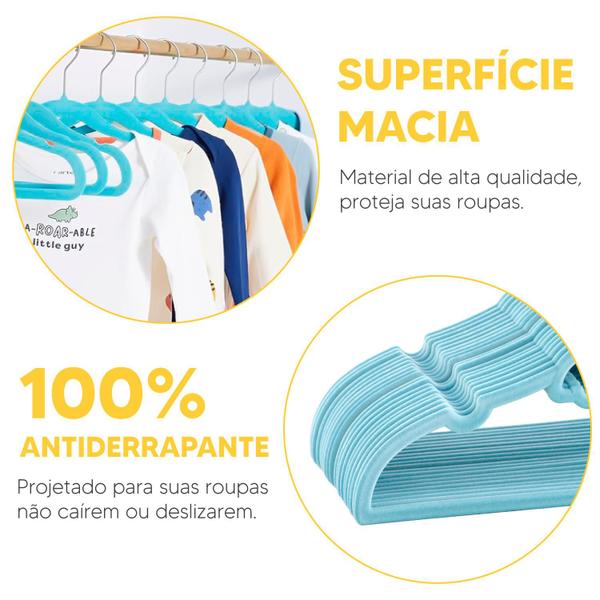 Imagem de Kit 50 Cabides Veludo Roupa Infantil Slim Antiderrapante 