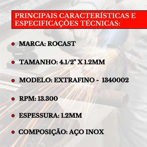 Imagem de Kit 50 Disco Corte Aço Inox Fino 4.1/2 Para Esmerilhadeira Lixadeira Abrasivo RocastFerroAluminio