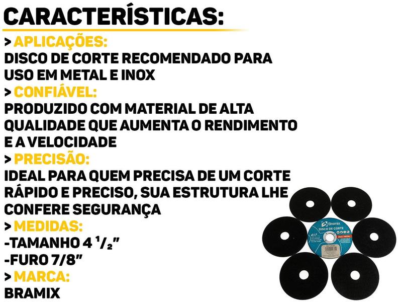 Imagem de Kit 50 Disco De Corte Metal Aço Inox 4.1/2" x 115x22x1,2mm Para Lixadeira Esmerilhadeira Bramix