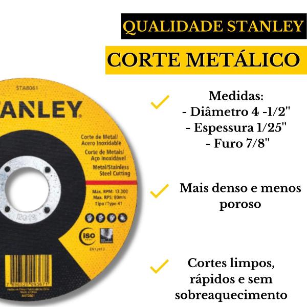 Imagem de Kit 50 Discos de Corte Aço Inox Fino 4 1/2 Eixo 22,23mm Stanley Esmerilhadeira Ferro Aço Inox Metal