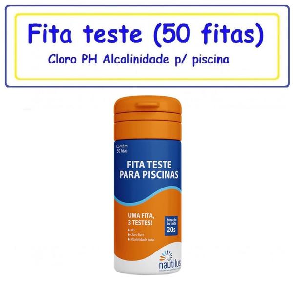 Imagem de Kit 50 Fitas Avaliar 3 em 1 Cloro, Ph e Alcalinidade + Clarificante + Clorador Grande + 2 Pastilhas de Cloro