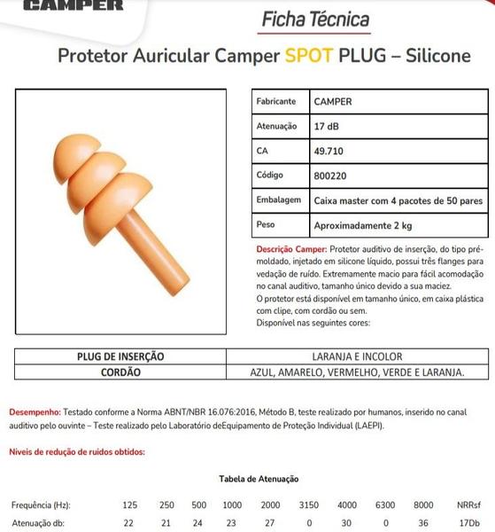 Imagem de Kit 50 Pçs Protetor Auricular Camper Spot Plug Silicone 17Db C/Cordao CA 49710