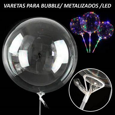 Imagem de Kit 50 Pega Balão Vareta Suporte Grande Grosso Bubble Metalizado Led Transparente 50 Cm + 50 Bases De Mesa C/Adesivo