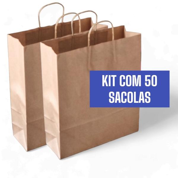 Imagem de Kit 50 Sacolas de Papel Kraft 120g - 32x37x11 Resistentes e Sustentáveis para Lojas e Delivery