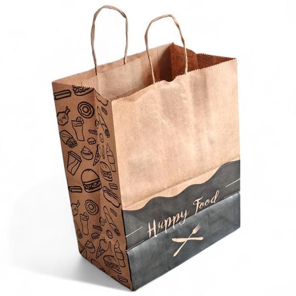 Imagem de Kit  50 Sacolas Kraft 24x30x14 cm com Alça Torcida 'Happy Food' - Ideal para Delivery