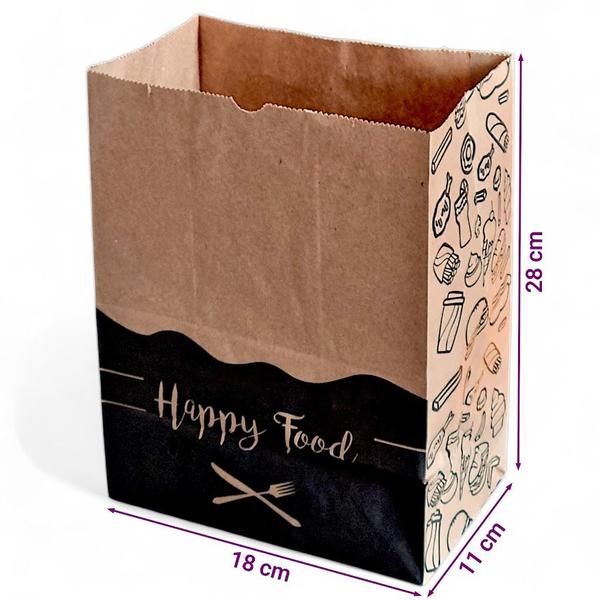 Imagem de Kit 50 Sacos de Papel Kraft 18x28x11 'Happy Food' - Perfeitos para Delivery de Lanches e Refeições