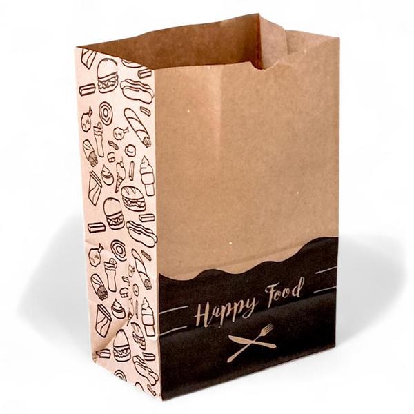 Imagem de Kit 50 Sacos de Papel Kraft 18x28x11 'Happy Food' - Perfeitos para Delivery de Lanches e Refeições