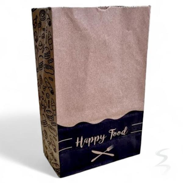 Imagem de Kit 50 Sacos Kraft 24x30x14 cm 'Happy Food' - Ideal para Delivery de Lanches e Refeições