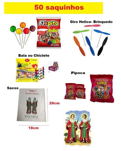 Imagem de Kit 50 Saquinhos de Doces Festa Cosme e Damião c/ brinquedo