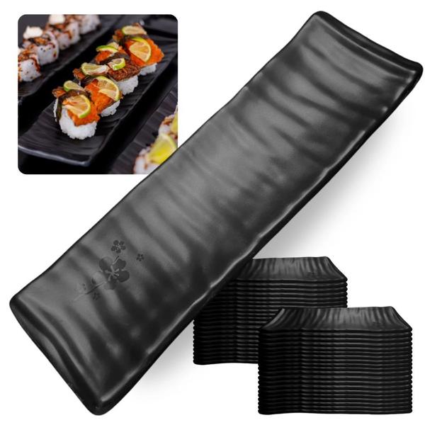 Imagem de Kit 50 Travessas Estriada para Sushi Kanpai Restaurante Comida Japonesa Oriental Melamina Preta  Bestfer 