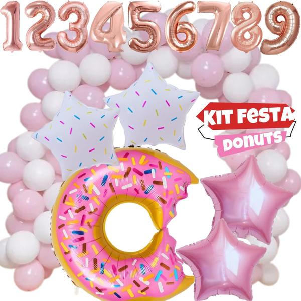 Imagem de Kit 56pçs, Balão Metalizado Donuts 75cm + 4 Estrelas Metalizadas 45cm + 50 Balões de Látex + Balão Metalizado Numero